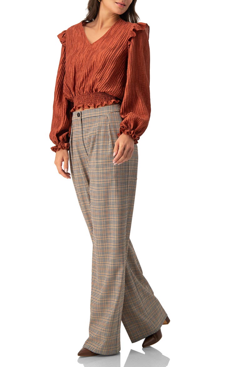 V-Neck Smocked Blouse with Ruffle Sleeves, Alternate, color, Chedron
