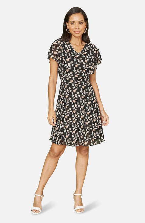 Leaf Print Mesh Stretch Skater Dress