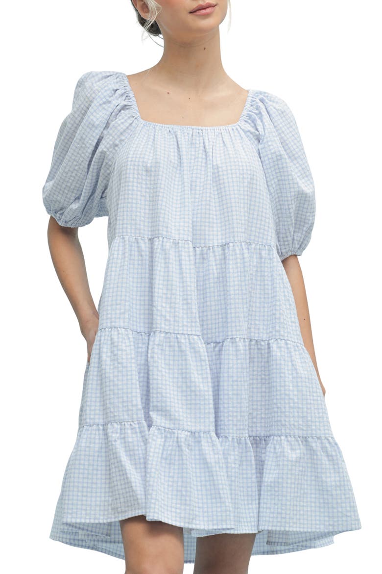 Plaid Puff Sleeve Cotton Blend Tiered Minidress, Alternate, color, OFF WHITE/ SKY