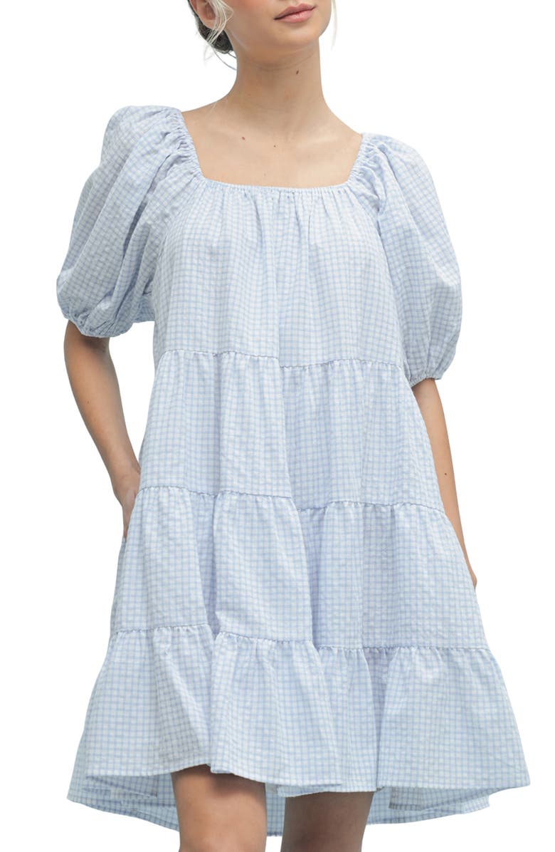 WISHLIST Plaid Puff Sleeve Cotton Blend Tiered Minidress, Alternate, color, Off White/ Sky