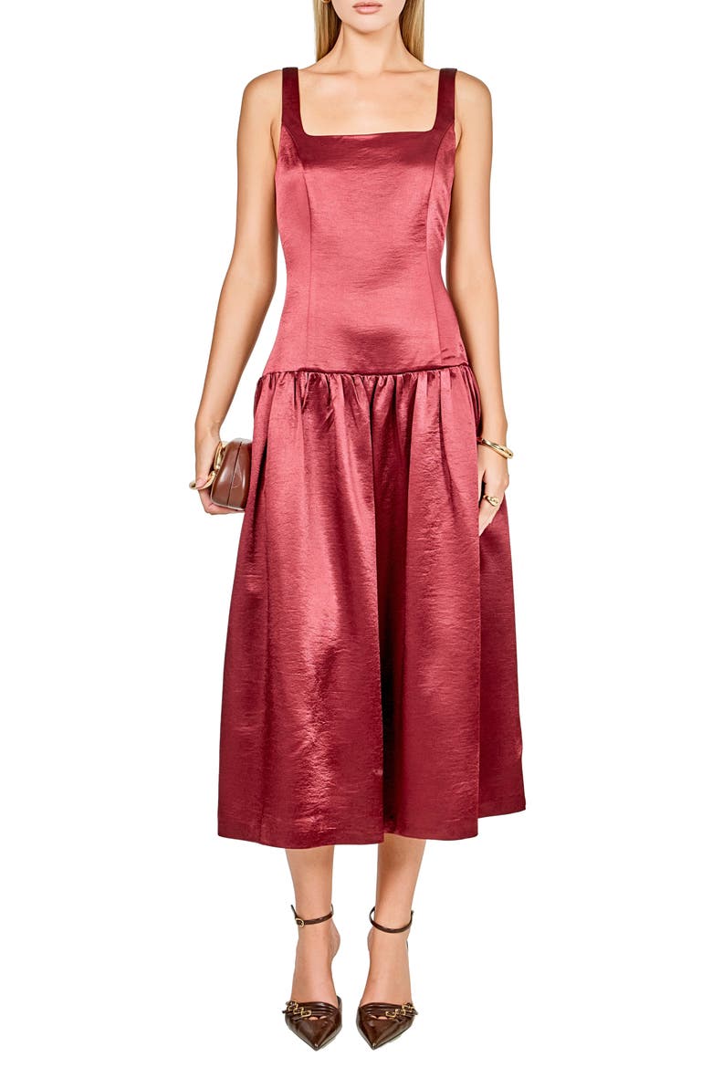 Sleeveless Drop Waist Satin Maxi Dress, Main, color, MERLOT