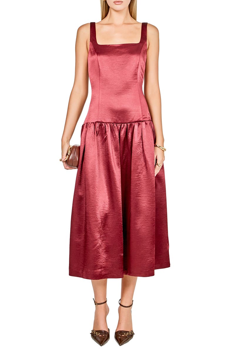 Endless Rose Sleeveless Drop Waist Satin Maxi Dress, Main, color, Merlot