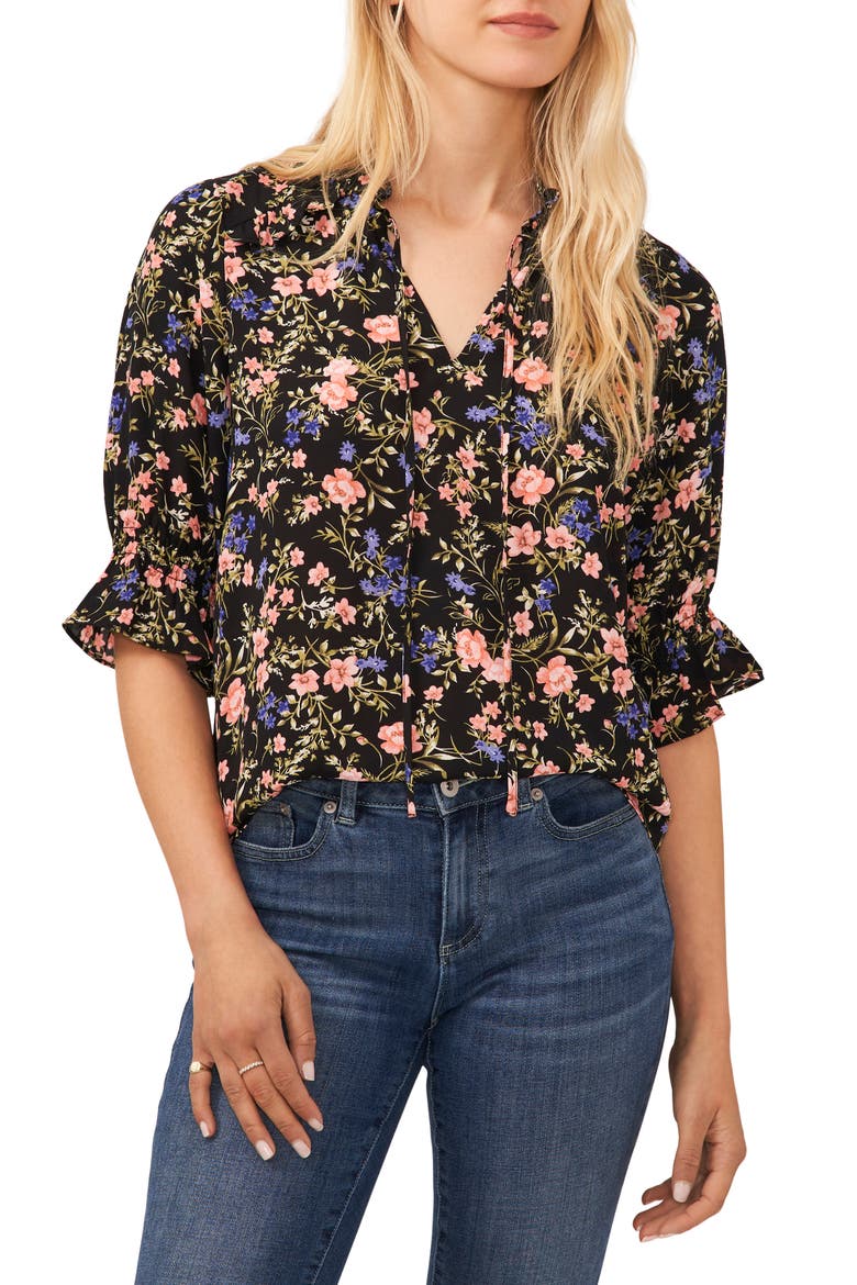 Tie Neck Ruffle Sleeve Blouse, Main, color, RICH BLACK