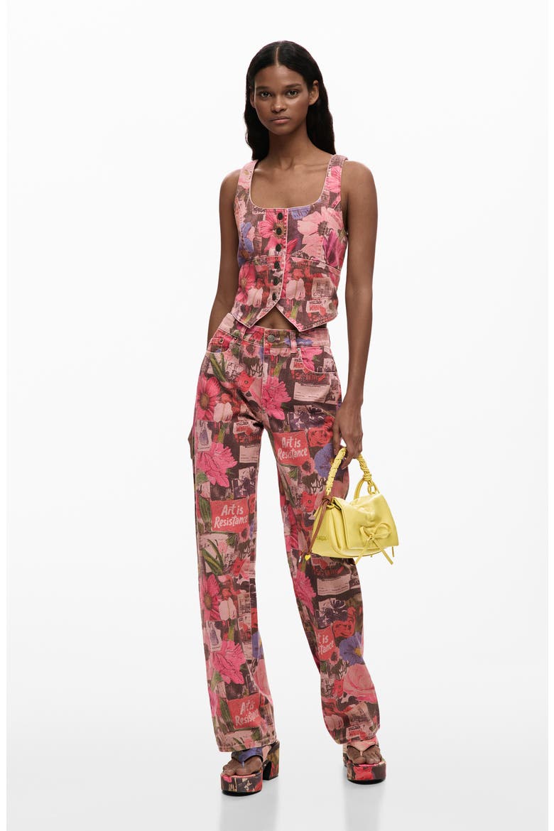 Floral Print Denim Crop Vest, Alternate, color, PINK