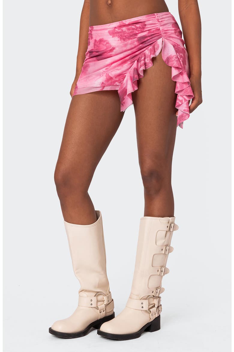 Wanda Floral Ruffle Detail Mesh Miniskirt, Alternate, color, PINK