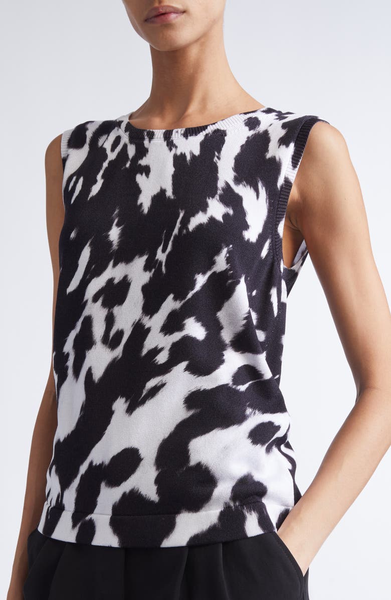 Oscar de la Renta Cow Print Cotton Blend Shell, Alternate, color, Black/ Ivory