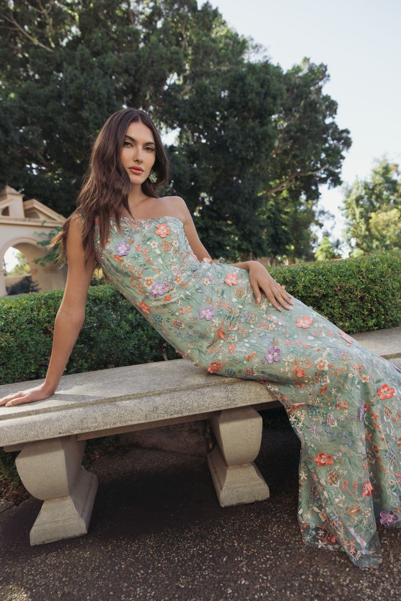 Petite One Shoulder Lace Embroidered Gown, Alternate, color, Sage Multi