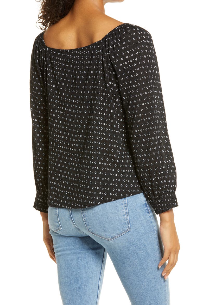 Print Button Front Long Sleeve Top, Alternate, color, BLACK- WHITE MARTY GEO