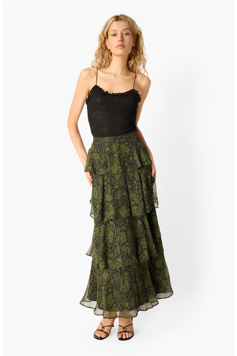 Gaia Metallic Paisley Tiered Silk Blend Maxi Skirt, Alternate, color, FOREST PAISLY