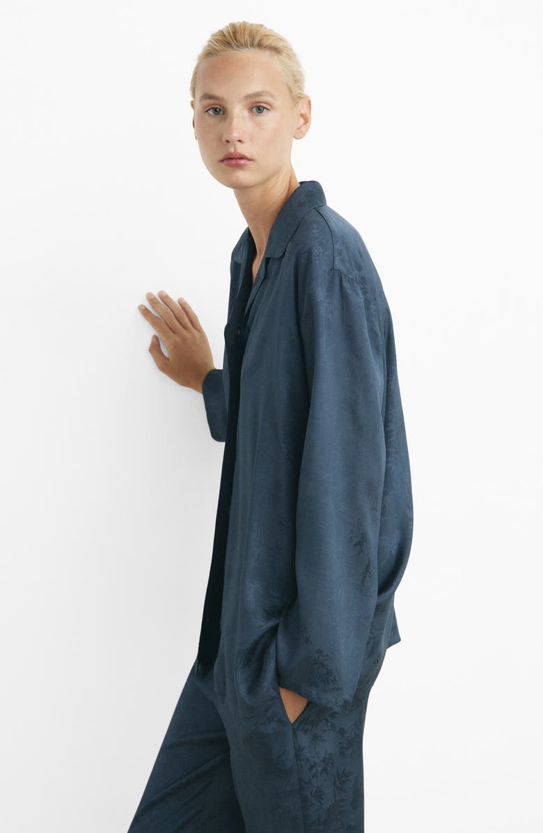 MANGO Jacquard Satin Button-Up Shirt, Alternate, color, Night Blue