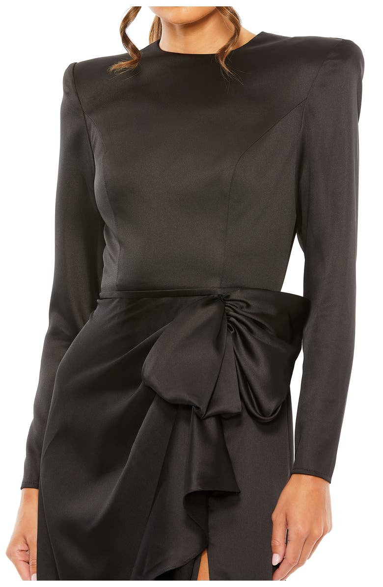 Mac Duggal Petite Long Sleeve Satin Structured Bow Draped Column Gown, Alternate, color, Black