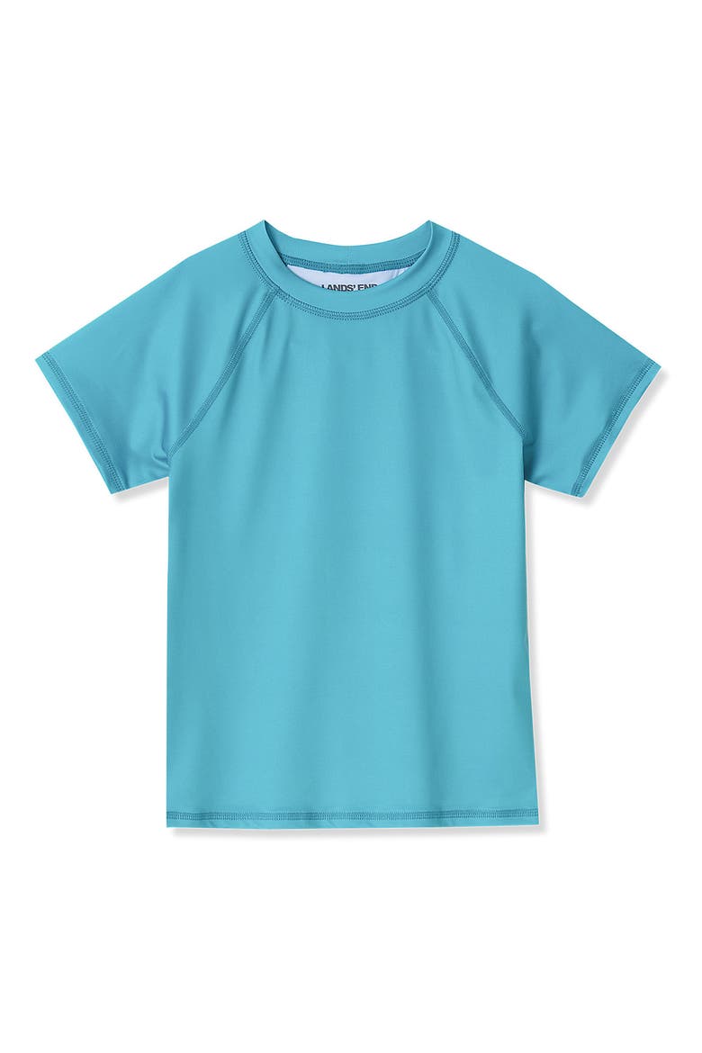 Girls Slim Short Sleeve Crew Neck UPF 50 Swim Rash Guard, Main, color, Tile Blue