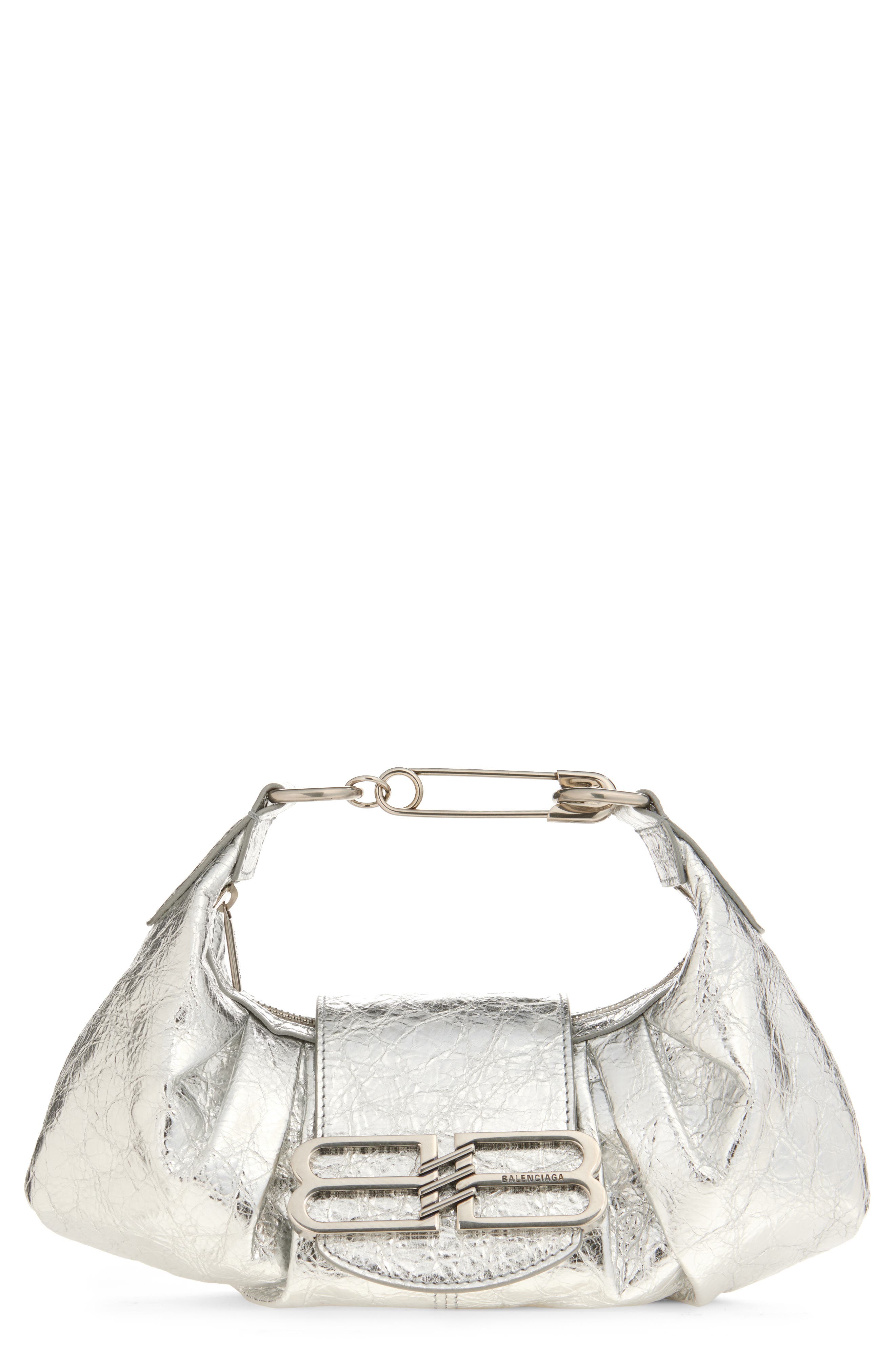 Balenciaga Small Pamela Crinkled Metallic Leather Shoulder Bag, Main, color, 8122 Silver