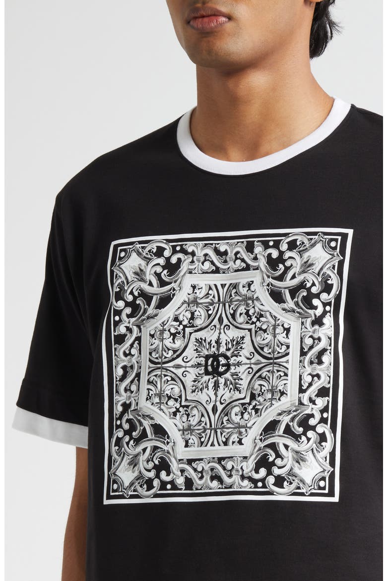 Majolica Embroidered Ringer T-Shirt, Alternate, color, NERO