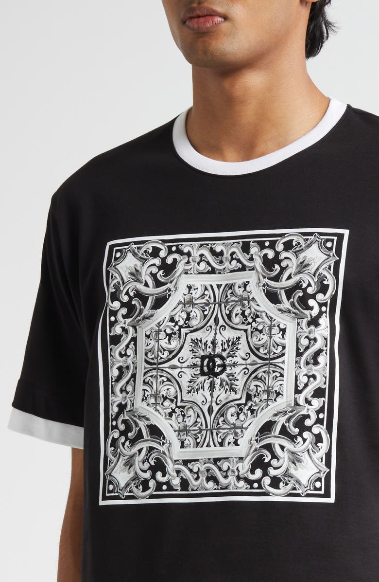 Dolce&Gabbana Majolica Embroidered Ringer T-Shirt, Alternate, color, Nero