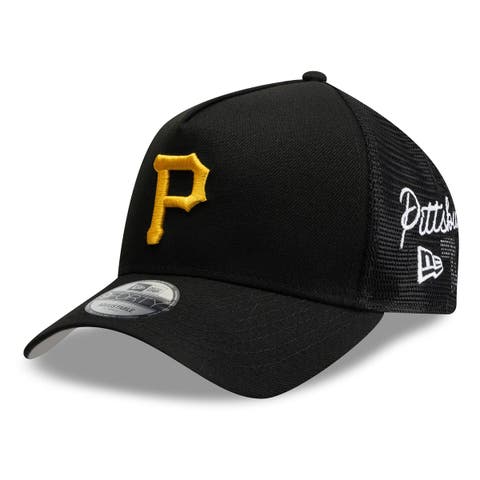 Men's New Era Black Pittsburgh Pirates Side Script 9FORTY A-Frame Trucker Adjustable Hat