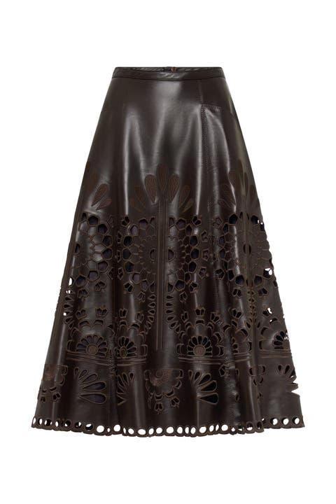 Embroidered Vegan Leather Skirt