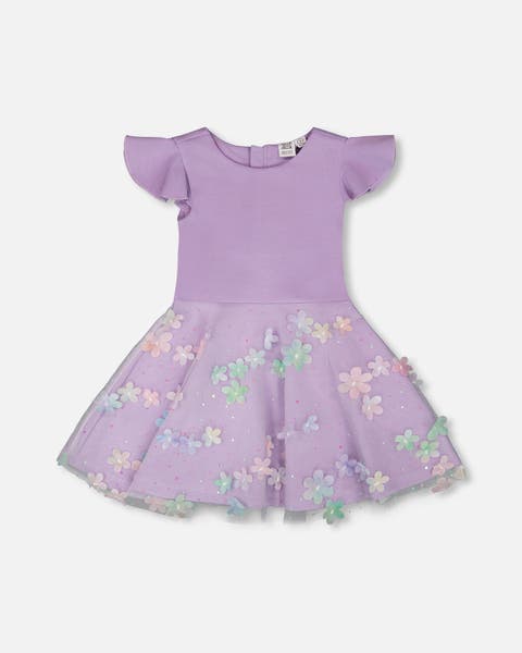 Bi-Material Short Flutter Sleeves Mesh Dress (Toddler, Little Kid & Big Kid)