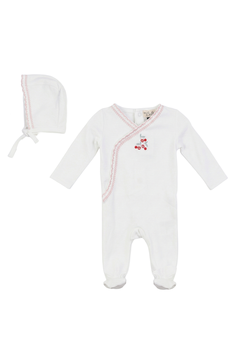 Bebe Bella Girl Cherry Embroidered Wrap Romper with Bonnet, Main, color, White/Red
