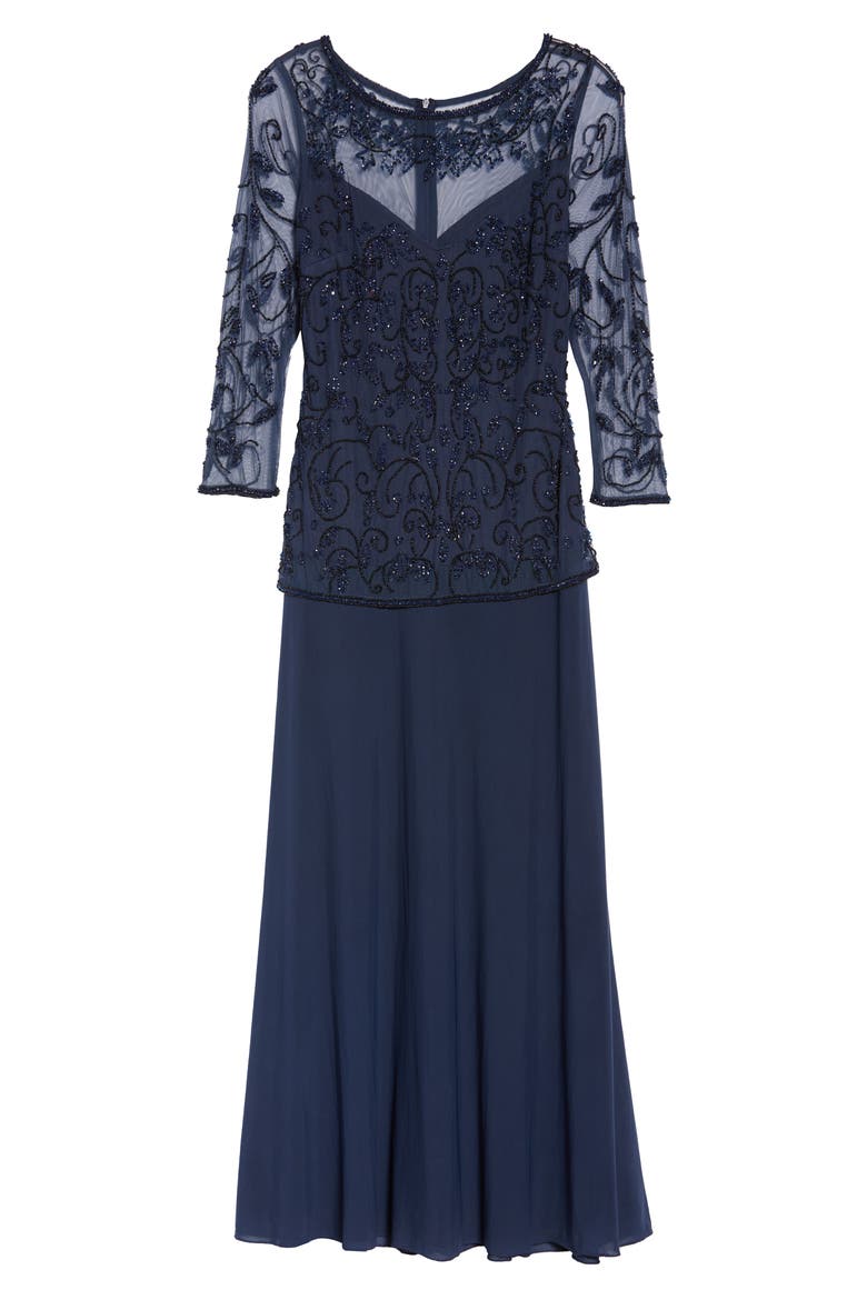 Beaded Mesh Mock Two-Piece Gown, Alternate, color, NAVY/ BLACK