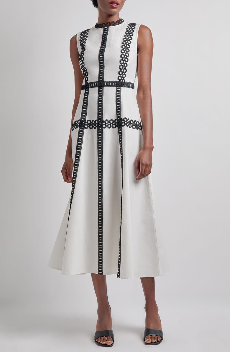 Misook Eyelet Trim Sleeveless Cotton Dress, Main, color, White/ Black