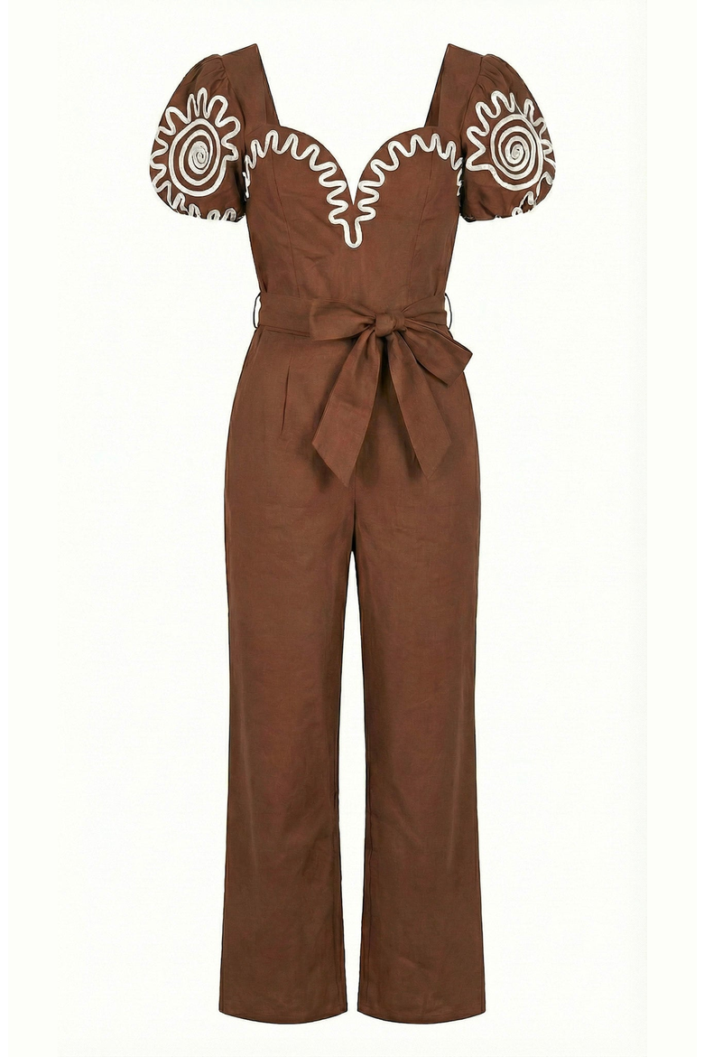Embroidered Puff Sleeve Jumpsuit, Alternate, color, Chocolate Brown
