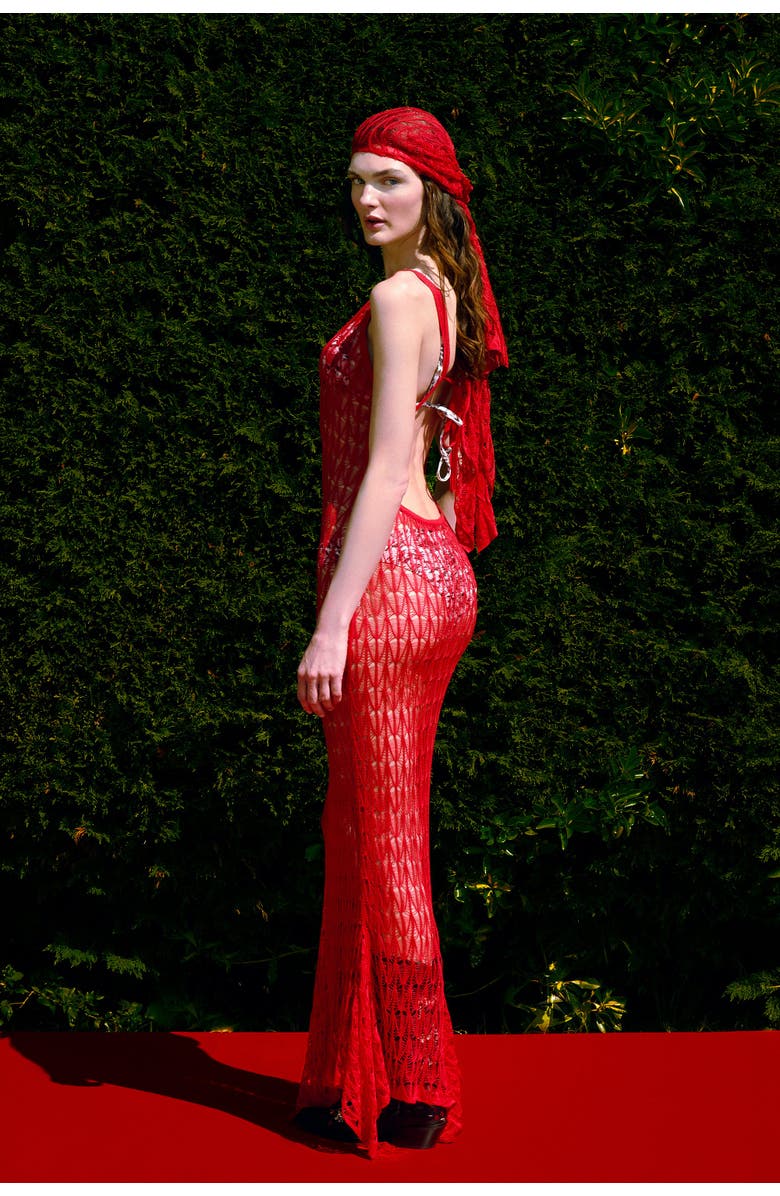 PCFG Store Open Knit Maxi Beach Dress, Alternate, color, Red