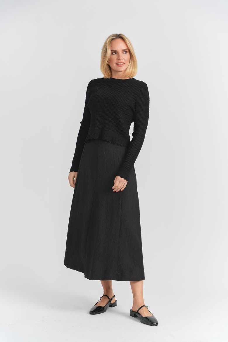 Crinkle Cotton Three-Panel Lined Midi Skirt, Alternate, color, Black
