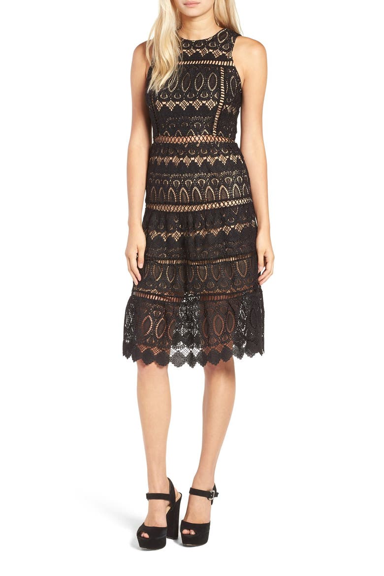 Lattice Embroidered Midi Dress, Main, color, BLACK