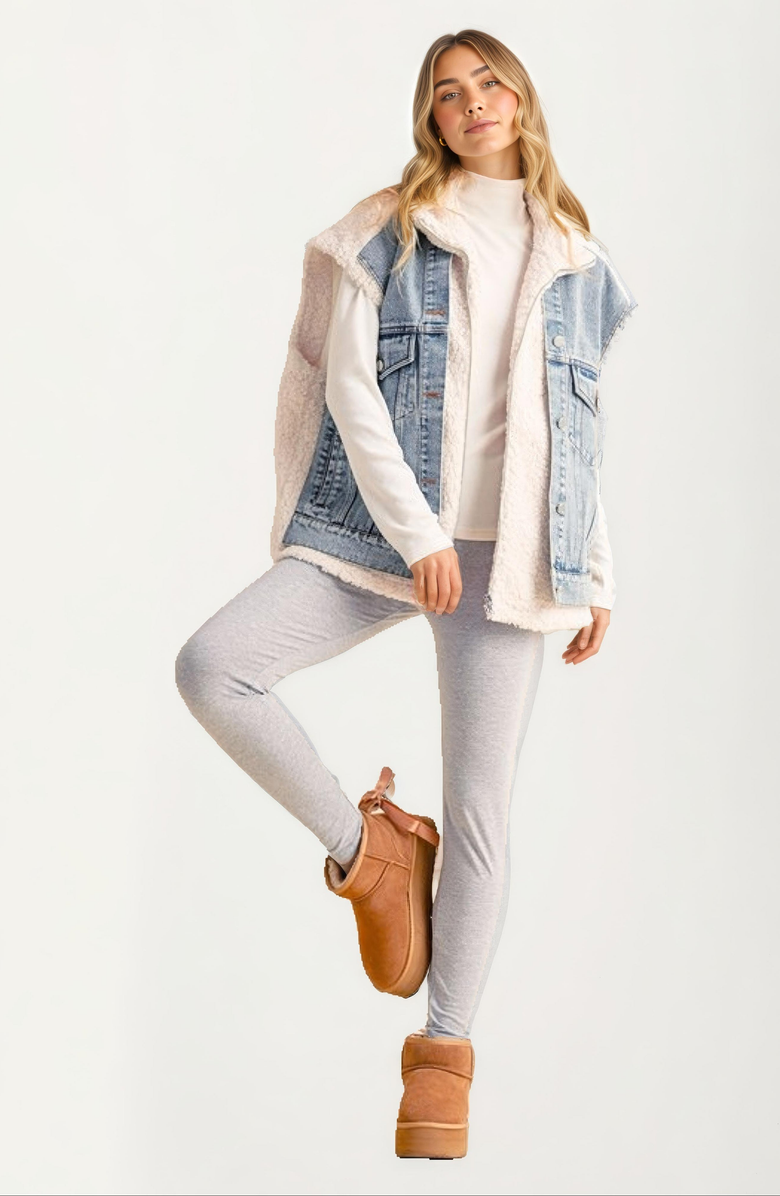 Knit and Lounge Sleeveless Denim and Fleece Snap-Pocket Vest, Alternate, color, 