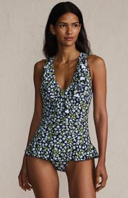 Lands' End Ruffle Plunge Skirted High Leg One Piece