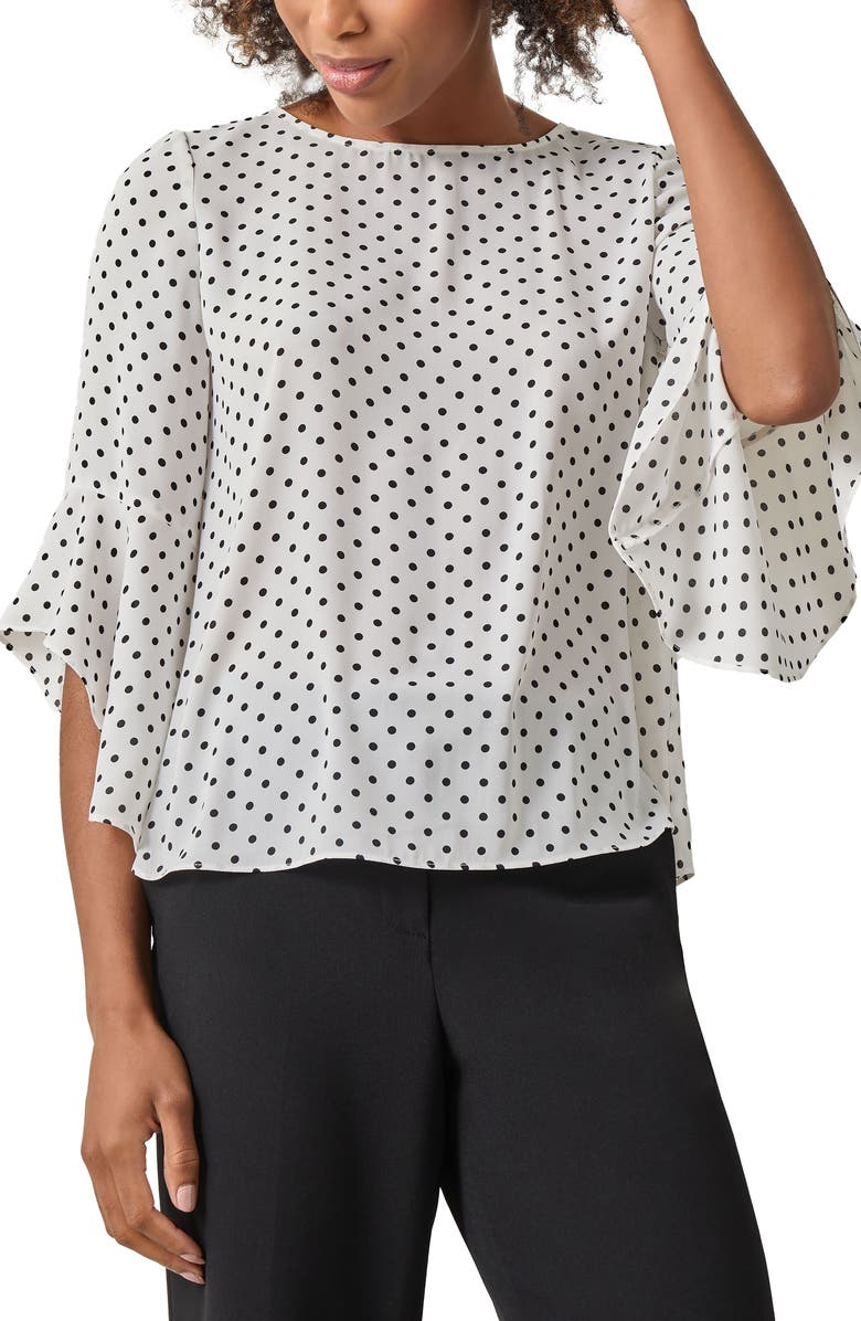 KASPER Polka Dot Ruffle Sleeve Crepe Top, Main, color, 