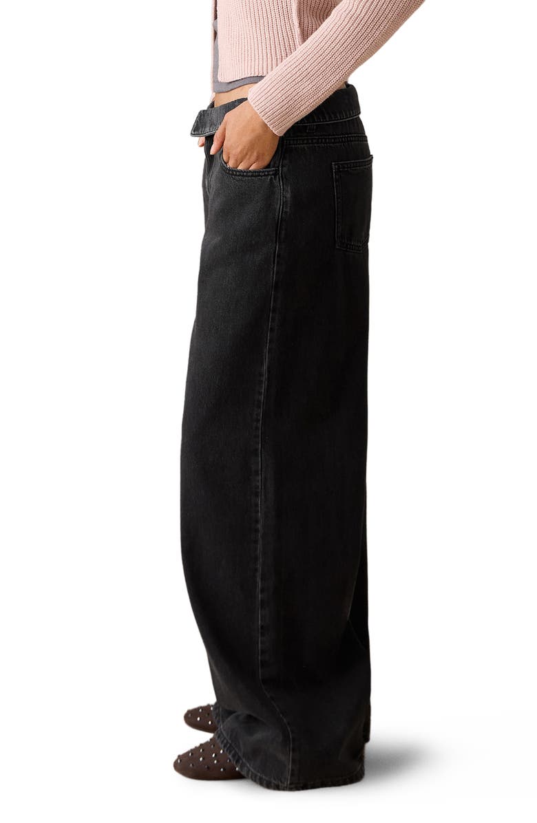 MANGO TEEN Foldover Low Rise Wide Leg Jeans, Alternate, color, Black Denim