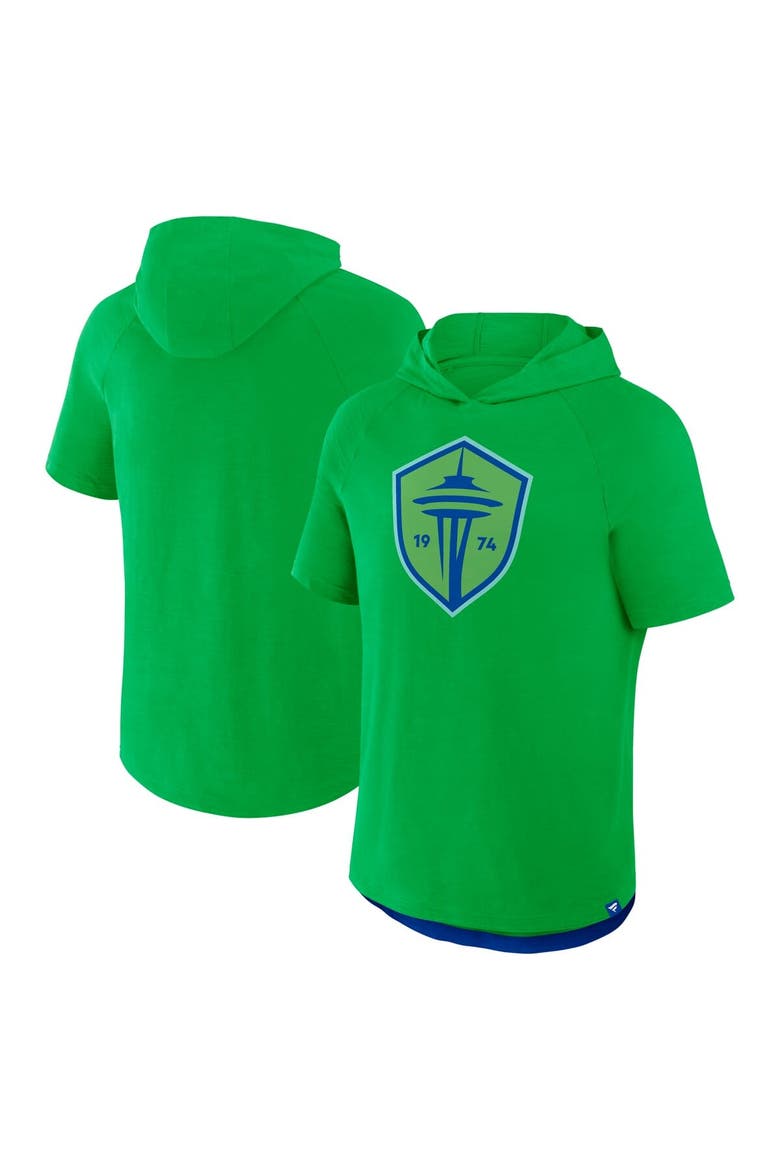 Men's Fanatics Rave Green Seattle Sounders FC Hat Trick Stadium Slub Raglan Short Sleeve Pullover Hoodie, Main, color, Green