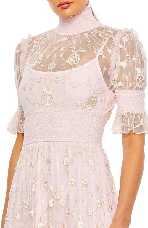 Mac Duggal Embroidered Floral Tiered Smock Neck Gown In Rose Pink