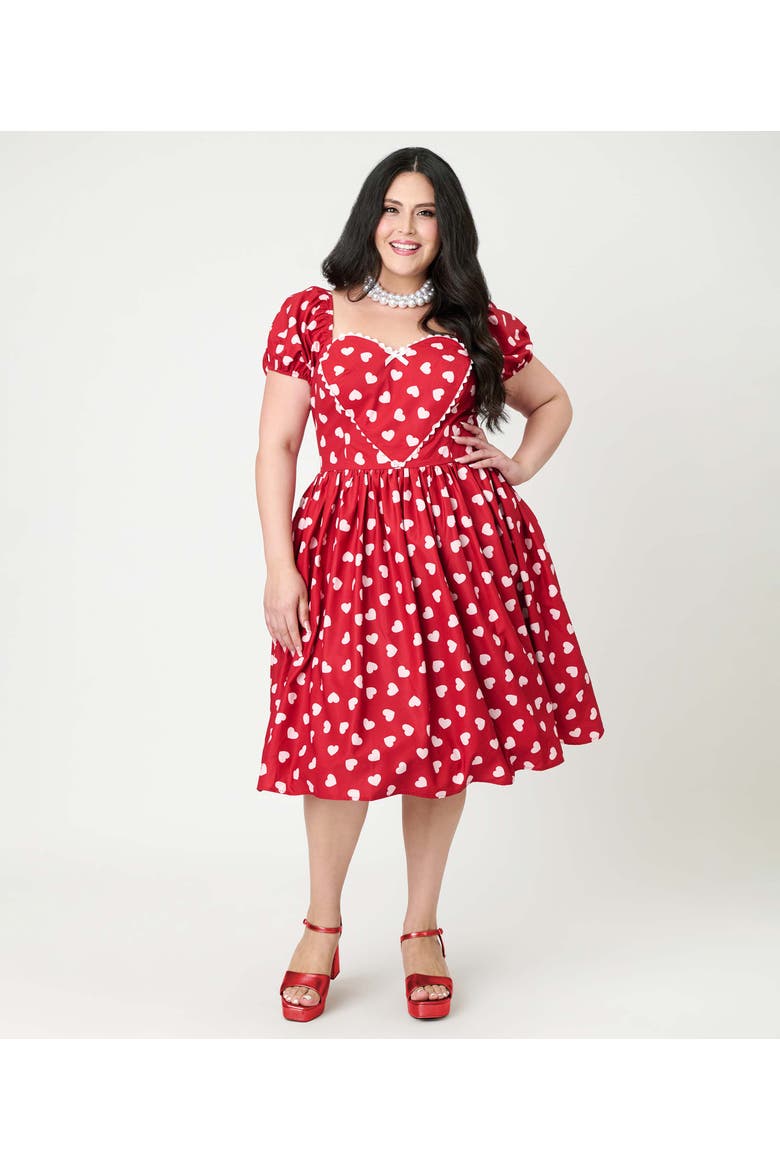 Plus Size Puff Sleeve Sweetheart Fit & Flare Dress, Main, color, Red W/ White Heart Print