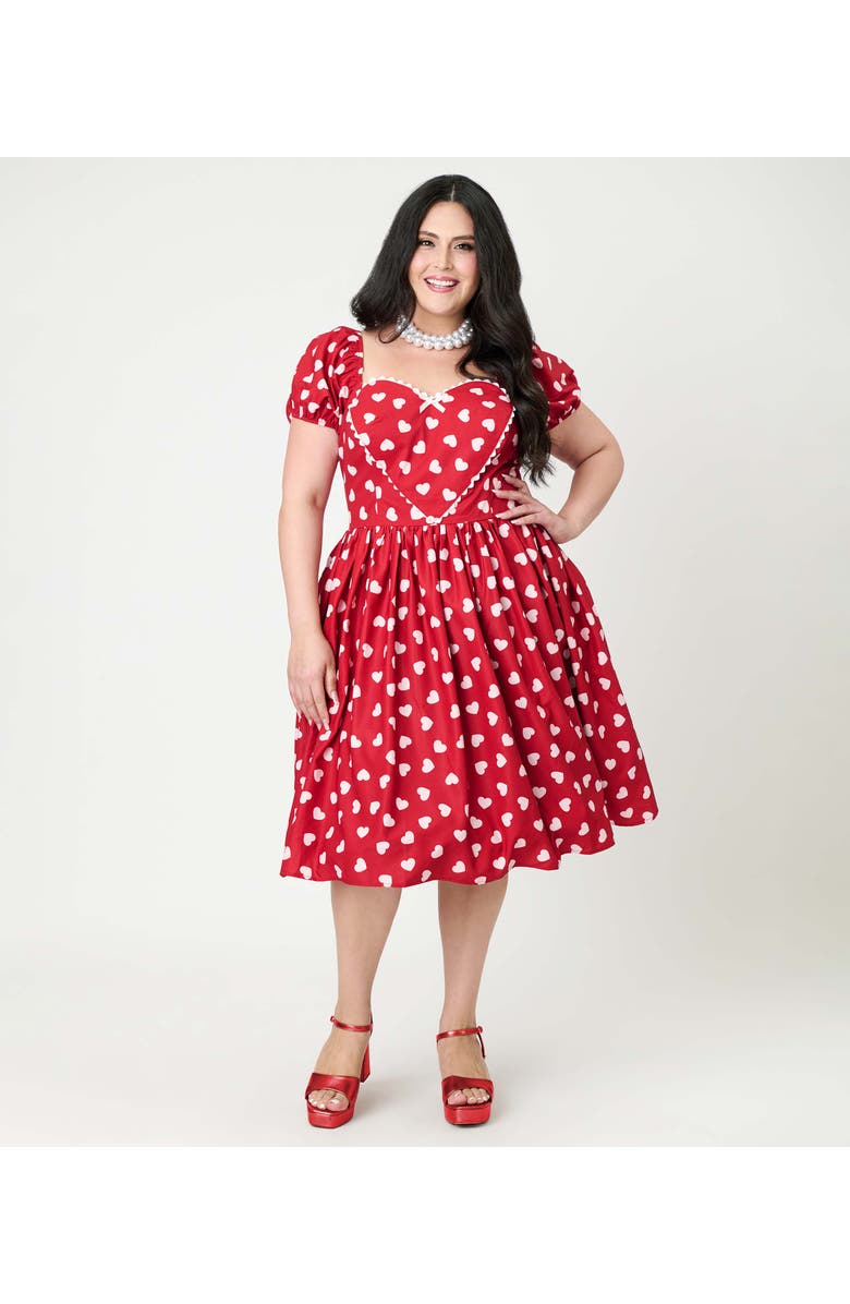 Unique Vintage Plus Size Puff Sleeve Sweetheart Fit & Flare Dress, Main, color, Red W/ White Heart Print