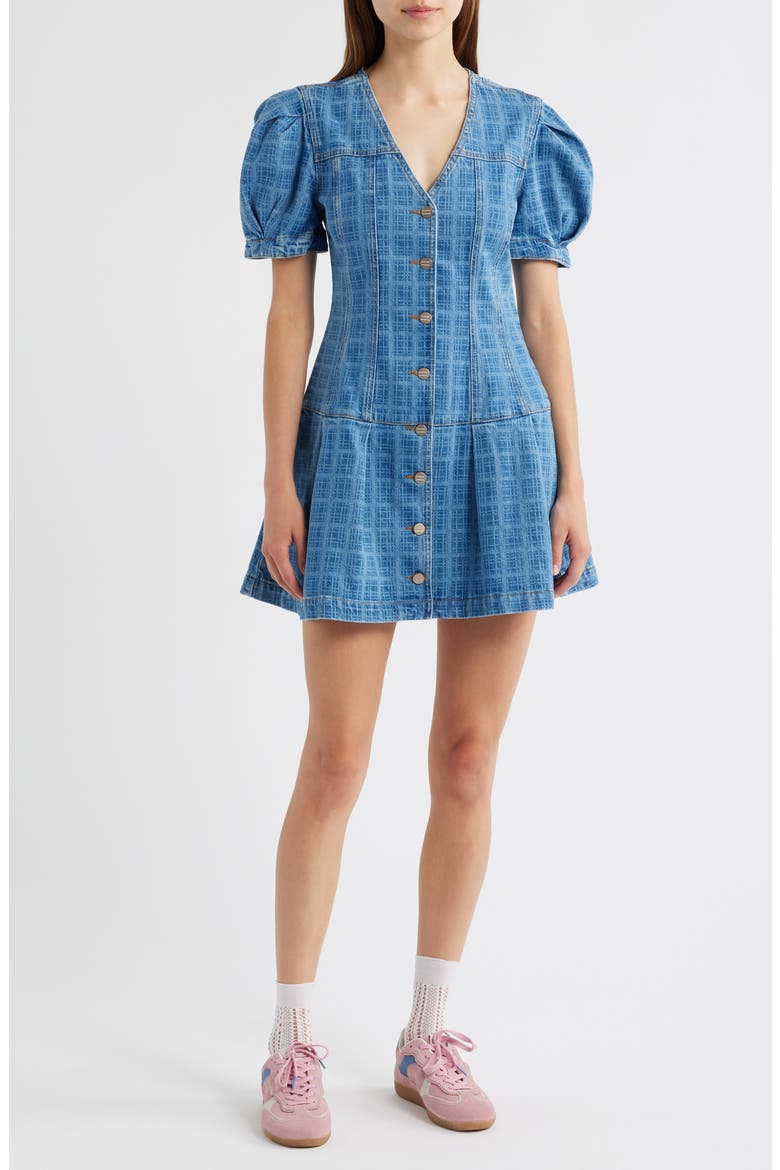 Adeline Grid Puff Sleeve Denim Minidress, Main, color, BLUE