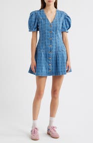 Damson Madder Adeline Grid Puff Sleeve Denim Minidress