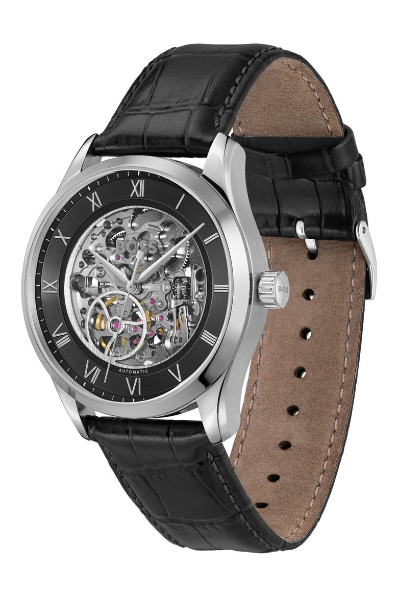 Principle Skeleton Automatic Leather Strap Watch, 41mm, Alternate, color, BLACK