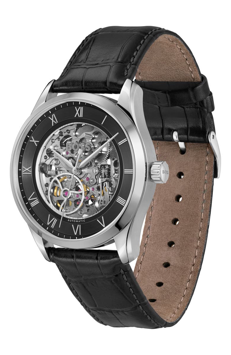BOSS Principle Skeleton Automatic Leather Strap Watch, 41mm, Alternate, color, Black