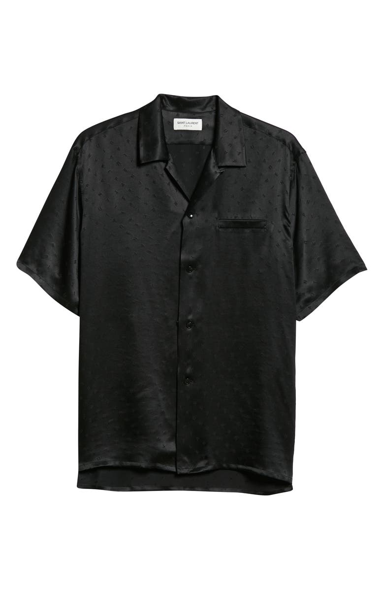 Saint Laurent Monogram Print Short Sleeve Silk Button-Up Camp Shirt, Alternate, color, 