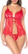 Mapale Tie Front Lace Babydoll Chemise & Thong Set
