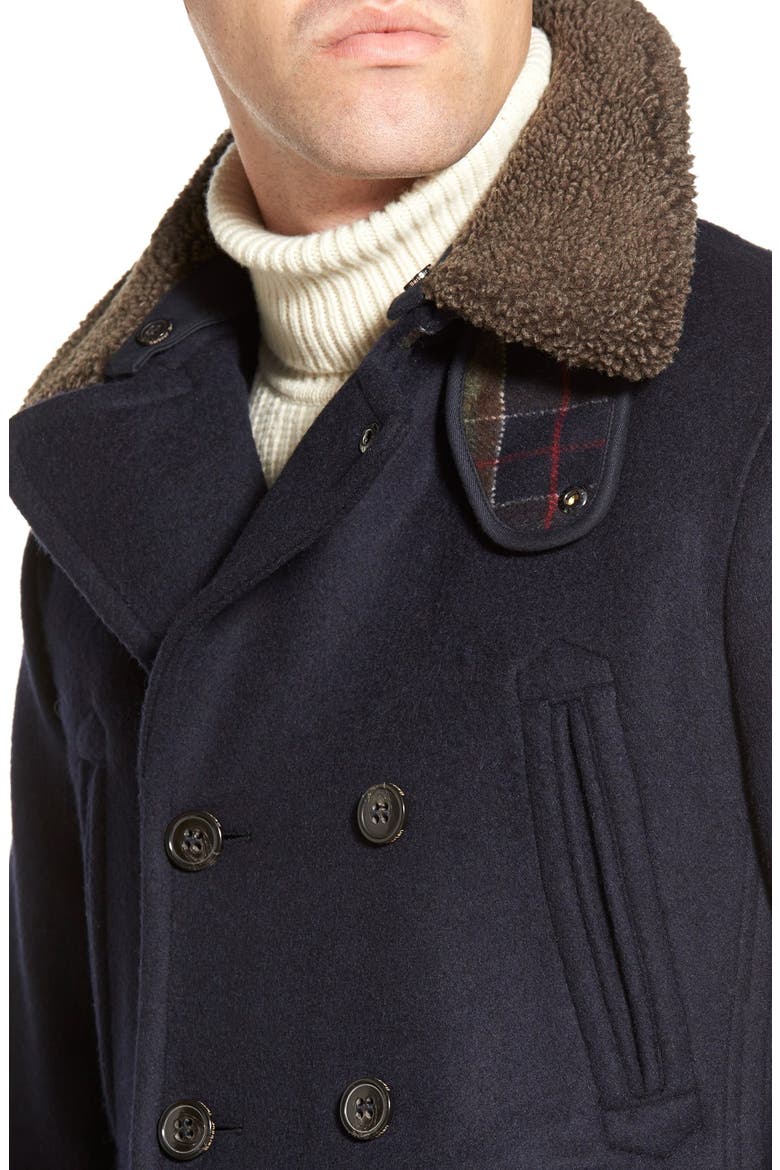 'Penston' Double Breasted Coat with Removable Faux Shearling Collar, Alternate, color, NAVY