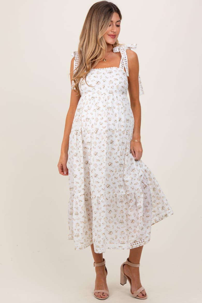 Floral Shoulder Tie Midi Dress, Alternate, color, Yellow