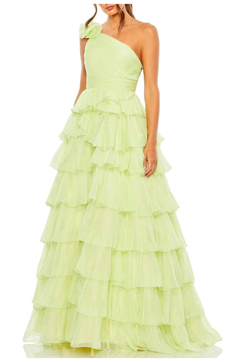 Mac Duggal One Shoulder Ruffle Tiered Ballgown, Main, color, Pistachio