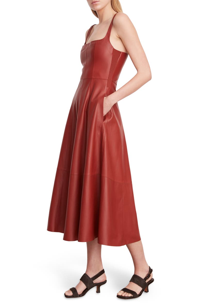 Vince Square Neck Leather A-Line Dress, Alternate, color, Red Dahlia