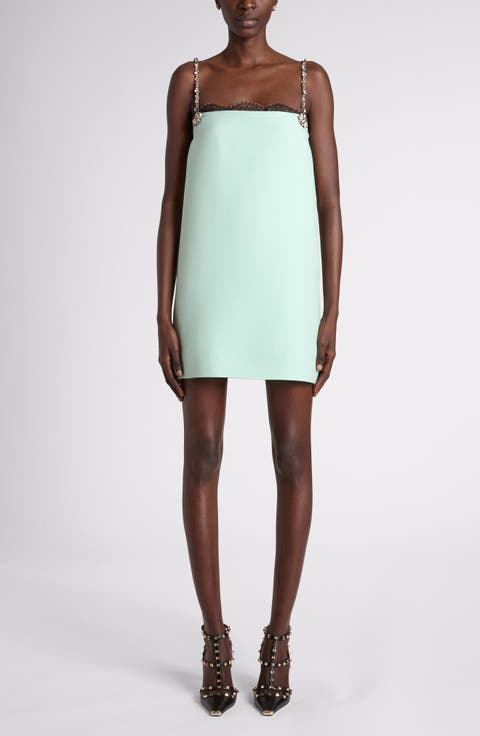 Crystal & Lace Trim Wool & Silk Crepe Minidress