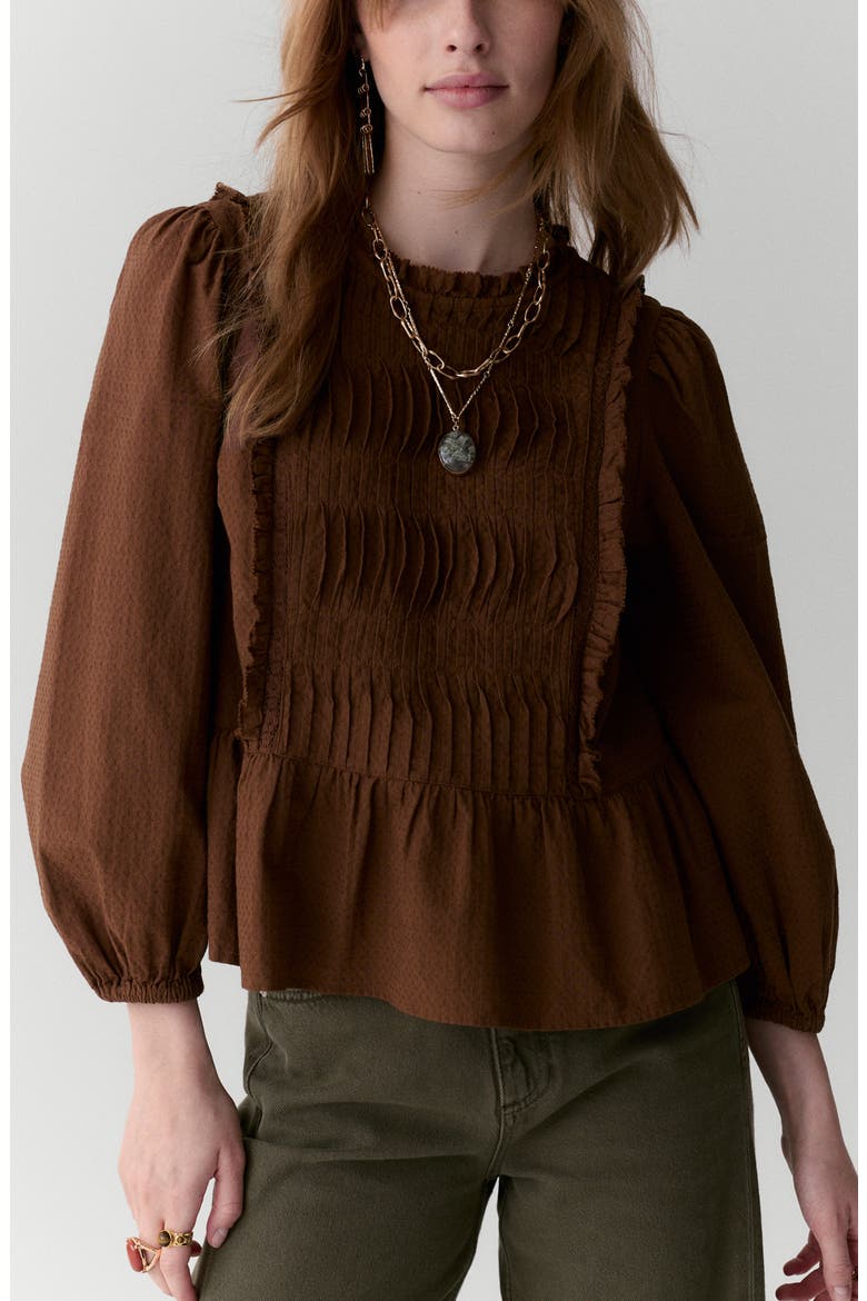 Pleated Ruffle Trim Cotton Peplum Top, Main, color, CONKER CHOCOLATE BROWN