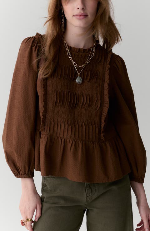 Pleated Ruffle Trim Cotton Peplum Top